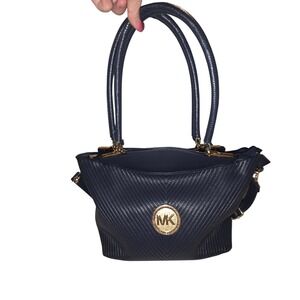 Michael Kors Navy Blue Chevron Leather Satchel Shoulder Bag Gold MK Logo